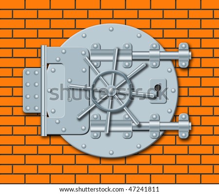 Illustration of steel door of bank depository on a brick wall