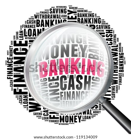 Banking in word collage with magnify glass