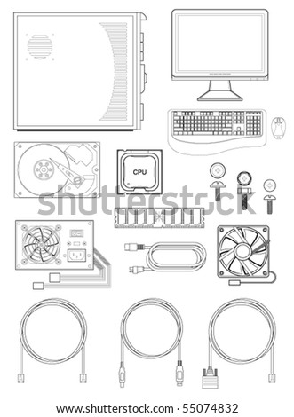 Vector illustration of various computer parts and accessories