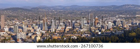 Portland Oregon city panorama from Pittock Mansion.