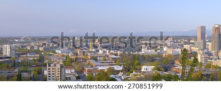 Panoramic view of the industrial area in Portland Oregon and mt. St. Helen\'s.