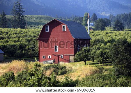 Red barn & pear orchards in the Hood River Valley Oregon.