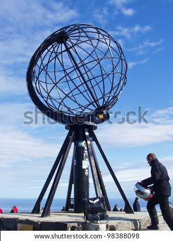 CAPE NORTH, NORWAY - AUGUST 8: Globe at North Cape, Norway, August 8, 2006. It is the northernmost point of Europe, the Arctic Circle.