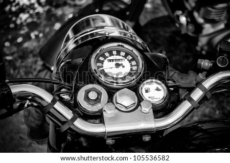 PAAREN IM GLIEN, GERMANY - MAY 26: The dashboard motorcycle Royal Enfield Bullet 500 (Black and White), \