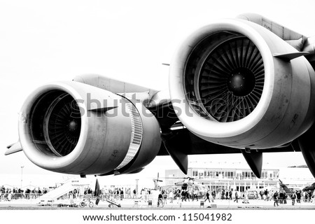 BERLIN - SEPTEMBER 14: Engines Boeing C-17 Globemaster (black and white), International Aerospace Exhibition 