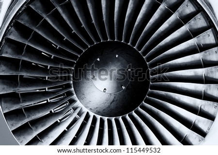 Jet engine close up. Black and white. Toning.