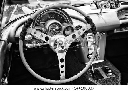 BERLIN - MAY 11: The driver\'s seat sports car Chevrolet Corvette (C1), black and white, 26th Oldtimer-Tage Berlin-Brandenburg, May 11, 2013 Berlin, Germany