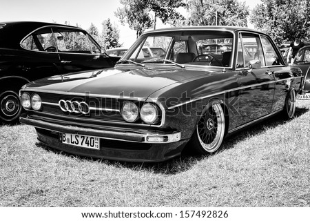 PAAREN IM GLIEN, GERMANY - MAY 19: Compact executive car Audi 80 B1, black and white 