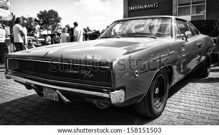 PAAREN IM GLIEN, GERMANY - MAY 19: Mid-size car Dodge Charger R/T, (black and white), \
