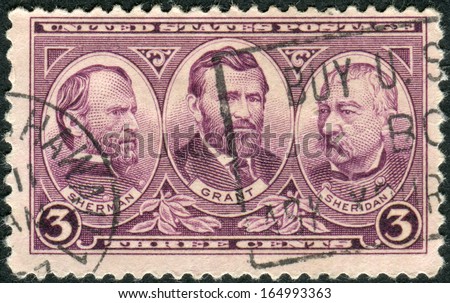 USA - CIRCA 1937: Postage stamps printed in USA, Issued in honor of the United States Army, shows Generals William Tecumseh Sherman, Ulysses S. Grant and Philip Henry Sheridan, circa 1937