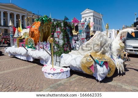 HELSINKI - JUNE 08: Festival of Latin dances. Decoration for a performance at the Senate square in front of Helsinki Cathedral, June 8, 2013 in Helsinki, Finland