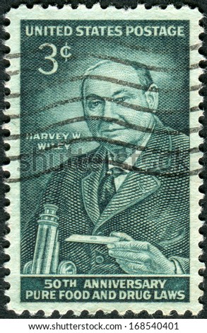 USA - CIRCA 1956: Postage stamp printed in USA, dedicated to the 50th anniversary of the Pure Food and Drug Laws, shows a portrait of Harvey Washington Wiley, circa 1956