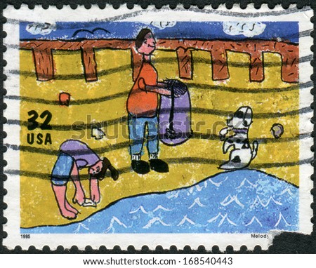 USA - CIRCA 1995: Postage stamp printed in USA, dedicated to Earth Day, shows a child\'s drawing \