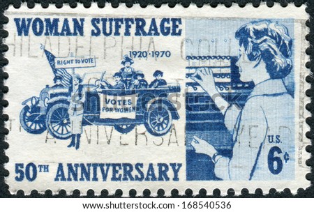 USA - CIRCA 1970: Postage stamp printed in USA, dedicated to the 50th anniversary of the 19th Amendment, which gave women the vote, shows Suffragettes, 1920 and Woman Voter, 1970, circa 1970
