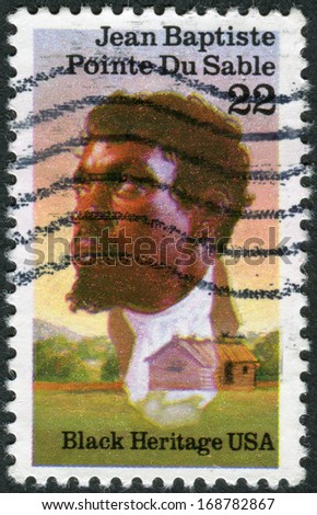 USA - CIRCA 1987: Postage stamp printed in USA, shows a pioneer trader, founder of Chicago, Jean Baptiste Pointe du Sable, circa 1987