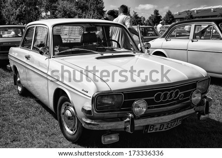 PAAREN IM GLIEN, GERMANY - MAY 19: Compact executive car Audi F103 (Audi 60), black and white, The oldtimer show in MAFZ, May 19, 2013 in Paaren im Glien, Germany