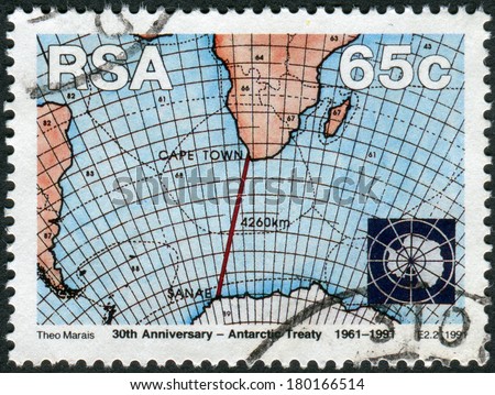 SOUTH AFRICA - CIRCA 1991: Postage stamp printed in South Africa, devoted to 30th anniversary of Antarctic Treaty, shows Weather Maps sea area between South Africa and Antarctica, circa 1991