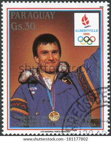 PARAGUAY - CIRCA 1989: Postage stamp printed in Paraguay, devoted Winter Olympic Games in Albertville, shown medalist Winter Olympic Games in Calgary, Franck Piccard, circa 1989