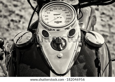 PAAREN IM GLIEN, GERMANY - MAY 19: The dashboard and fuel tank motorcycle Harley Davidson, black and white, \