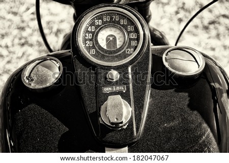 PAAREN IM GLIEN, GERMANY - MAY 19: The dashboard and fuel tank motorcycle Harley Davidson, black and white, \