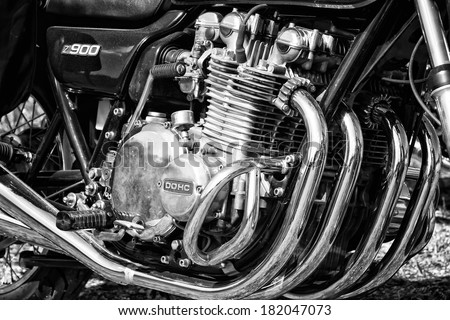 PAAREN IM GLIEN, GERMANY - MAY 19: Close-up of motorcycle engine Kawasaki Z900, black and white, \