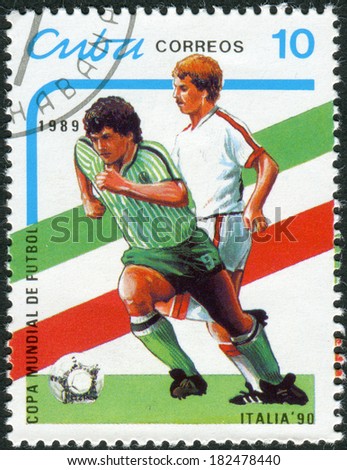 CUBA - CIRCA 1989: Postage stamp printed in Cuba, devoted to World Cup Football Italy 90, shows football players, circa 1989