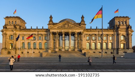 BERLIN, GERMANY - FEBRUARY 04, 2014: The Reichstag building at sunset. The Reichstag building is a historical edifice in Berlin.