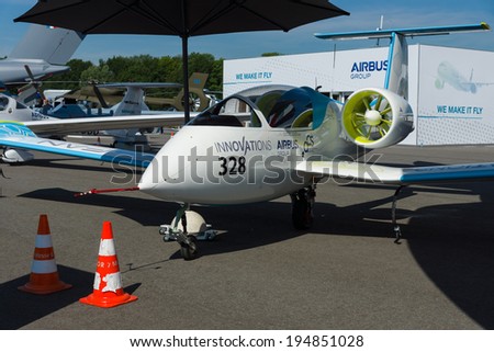 BERLIN, GERMANY - MAY 21, 2014: A prototype electric aircraft being developed by Airbus Group - Airbus E-Fan. Exhibition ILA Berlin Air Show 2014