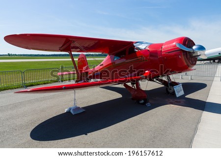 BERLIN, GERMANY - MAY 21, 2014: Utility aircraft Beechcraft Model 17 Staggerwing. Classic Flyers Team. Exhibition ILA Berlin Air Show 2014