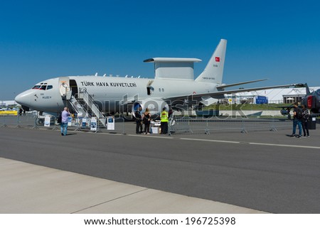 BERLIN, GERMANY - MAY 22, 2014: Airborne early warning and control Boeing B737 AEWC, Turkish Air Force. Exhibition ILA Berlin Air Show 2014