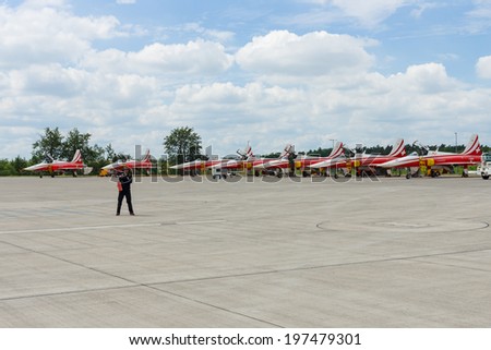 BERLIN, GERMANY - MAY 24, 2014: The squadron supersonic fighters Northrop F-5E Tiger II. Swiss Air Force. Exhibition ILA Berlin Air Show 2014