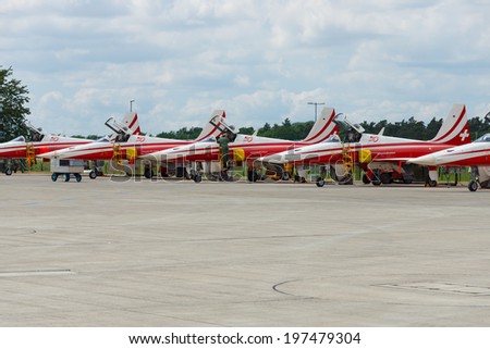 BERLIN, GERMANY - MAY 24, 2014: The squadron supersonic fighters Northrop F-5E Tiger II. Swiss Air Force. Exhibition ILA Berlin Air Show 2014