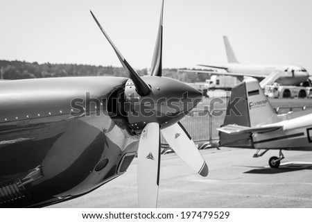 BERLIN, GERMANY - MAY 22, 2014: The engine turboprop light sport aircraft, closeup. Black and white. Exhibition ILA Berlin Air Show 2014