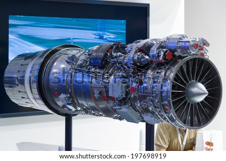 BERLIN, GERMANY - MAY 24, 2014: The Saturn AL-31 is a family of military turbofan engines. Russia. Model engine. Exhibition ILA Berlin Air Show 2014