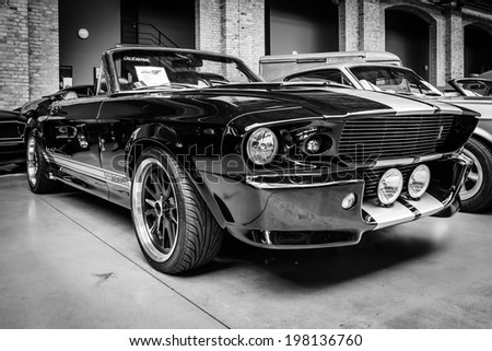 BERLIN, GERMANY - MAY 17, 2014: Shelby Mustang GT500 Cabrio Eleanore (1967) - is a high-performance version of the Ford Mustang. Black and white. 27th Oldtimer Day Berlin - Brandenburg