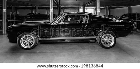 BERLIN, GERMANY - MAY 17, 2014: Shelby Mustang GT500 - is a high-performance version of the Ford Mustang. Black and white. 27th Oldtimer Day Berlin - Brandenburg