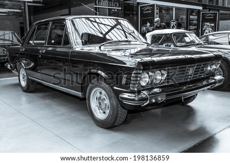 BERLIN, GERMANY - MAY 17, 2014: Executive car Fiat 130. Black and white. 27th Oldtimer Day Berlin - Brandenburg