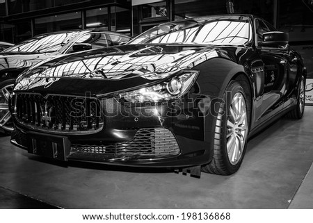 BERLIN, GERMANY - MAY 17, 2014: Executive car Maserati Ghibli (M157). Black and white. 27th Oldtimer Day Berlin - Brandenburg