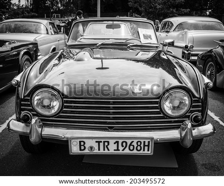 BERLIN, GERMANY - MAY 17, 2014: Sports car Triumph TR5. Black and white. 27th Oldtimer Day Berlin - Brandenburg