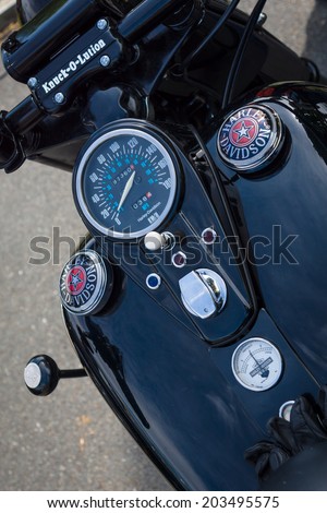 BERLIN, GERMANY - MAY 17, 2014: The dashboard and fuel tank of the motorcycle Harley-Davidson. 27th Oldtimer Day Berlin - Brandenburg