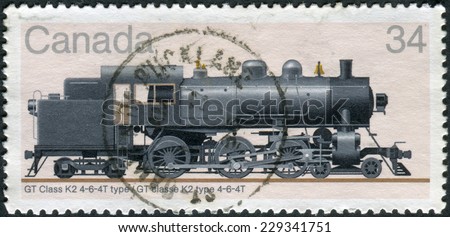 CANADA - CIRCA 1985: Postage stamp printed in Canada, shows steam locomotive GT Class K2 4-6-4T Type, circa 1985