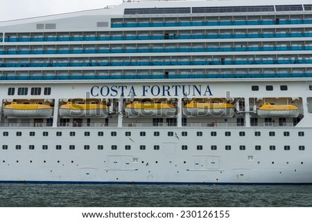 ROSTOCK, GERMANY - AUGUST 02, 2014: Detail of a cruise liner Costa Fortuna. Costa Fortuna is a cruise ship Destiny-class, Length 273 m, capacity of 2720 passengers.
