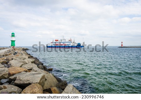 ROSTOCK, GERMANY - AUGUST 02, 2014: The ferry Mercandia VIII, shipping company\'s HH-Ferries at the seaport of Rostock. Rostock is Germany\'s largest Baltic port.