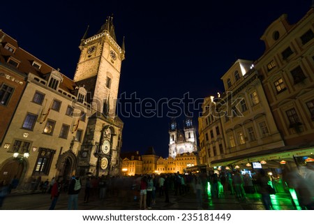 PRAGUE, CZECH REPUBLIC - SEPTEMBER 04, 2014: The Church of Mother of God in front of Tyn and Old Town Hall Tower at the Old Town Square in the evening illumination.