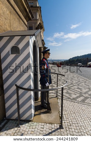 PRAGUE, CZECH REPUBLIC - SEPTEMBER 19, 2014: Soldiers guard of honor around the presidential palace. Prague Castle.