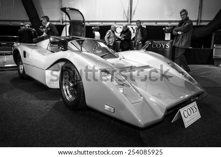 MAASTRICHT, NETHERLANDS - JANUARY 08, 2015: Manta Mirage racing car, 1973. Black and white. International Exhibition InterClassics & Topmobiel 2015