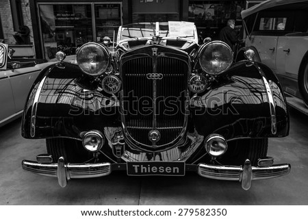 BERLIN - MAY 10, 2015: Vintage car Horch 853A Sport Cabriolet, 1940. Black and white. The 28th Berlin-Brandenburg Oldtimer Day