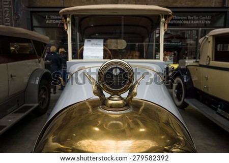 BERLIN - MAY 10, 2015: Hood ornament of vintage car of the German manufacturer NAG C4 10/30 Phaeton. 28th Berlin-Brandenburg Oldtimer Day