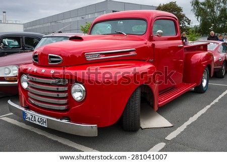 BERLIN - MAY 10, 2015: Full-size pickup truck Ford F1 (Ford Bonus-Built), 1948. The 28th Berlin-Brandenburg Oldtimer Day