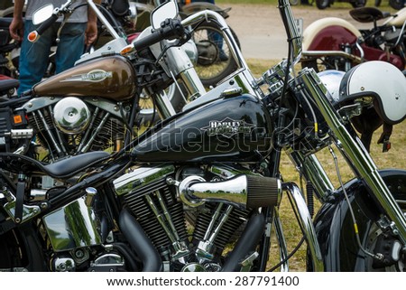 PAAREN IM GLIEN, GERMANY - MAY 23, 2015: Fragment of a motorcycle Harley-Davidson close-up. The oldtimer show in MAFZ.